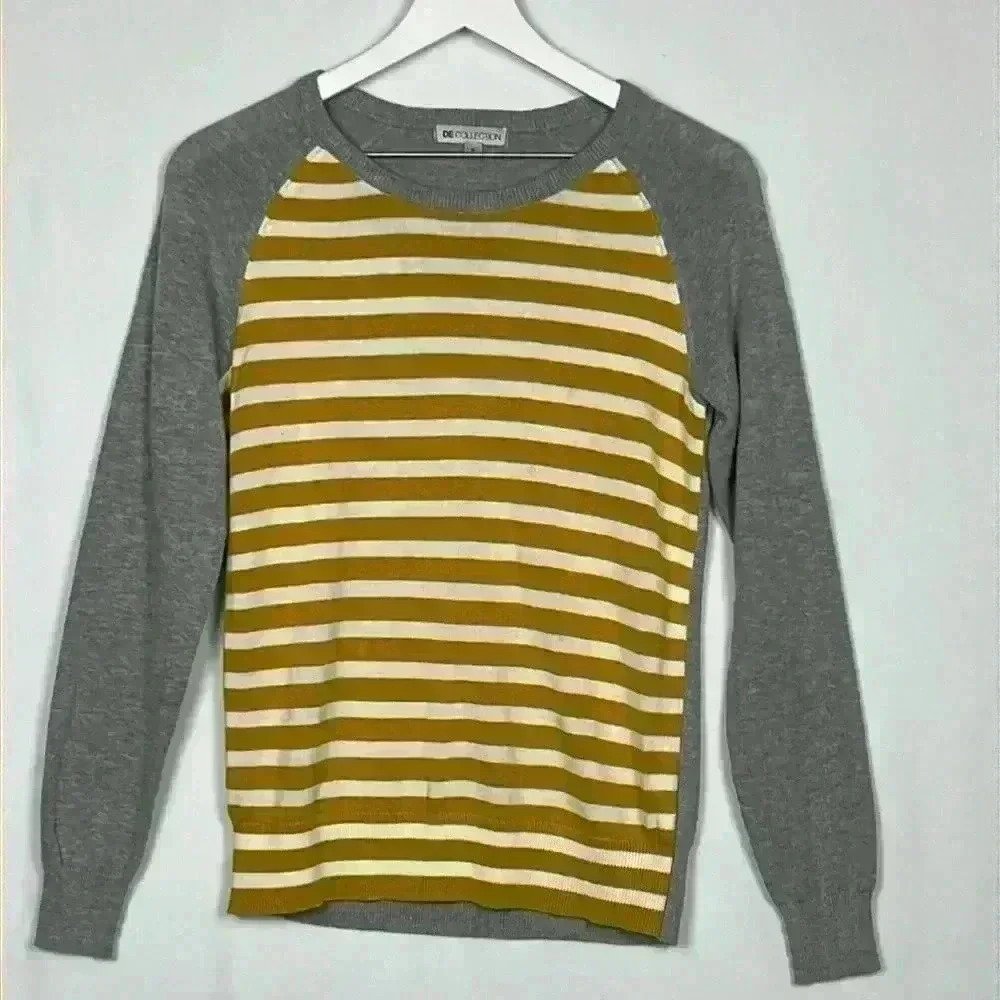 DE Collection Womens Sweater Gray/Gold M Stripes Crew Pullover Elbow Patches EUC